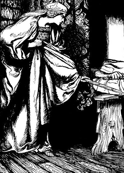 Morgan le Fay robando la espada de Arturo de Arthur (after) Rackham