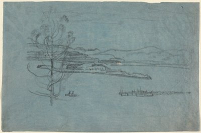 paisaje con muelle y dos barcos de Arthur B. Davies