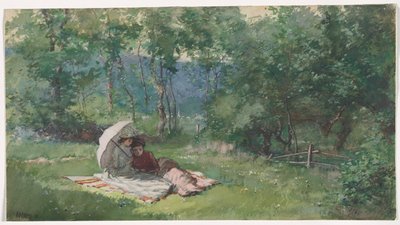 Dos mujeres leyendo en un campo de Arthur Bowen Davies