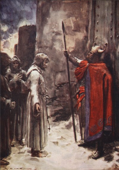 Descalzo, vestido con una camisa de pelo, Enrique se presentó ante las puertas, suplicando ser admitido, ilustración de 