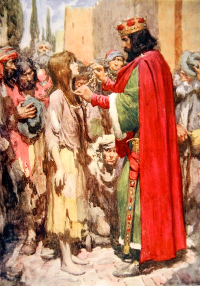 Por un momento se quedaron mirando, la mendiga descalza con sus harapos y el rey con su corona de joyas", Rey Cophetua y la mendiga (litografía en color) de Arthur C. (after) Michael