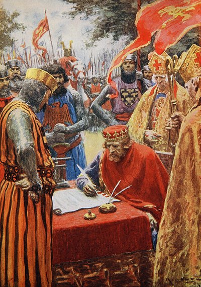 El rey Juan firmando la Carta Magna a regañadientes (litografía en color) de Arthur C. (after) Michael