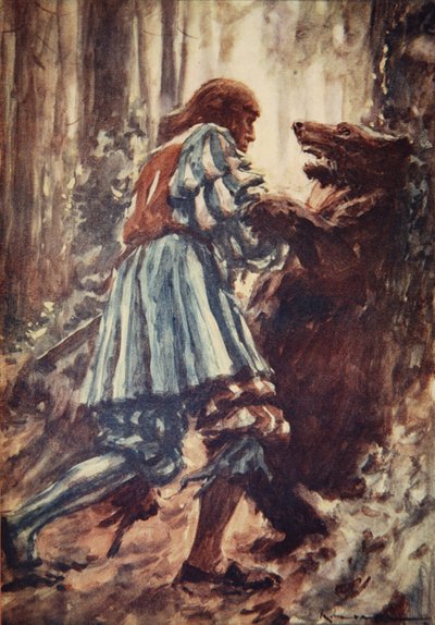 Una vez, al ser atacado por una osa, la ahogó con sus propias manos, ilustración de "A History of Germany" de H.E. Marshall de Arthur C. (after) Michael