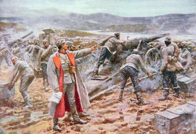 Artillería serbia en acción contra los austriacos (litografía en color) de Arthur C. (after) Michael