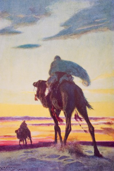 La huida de Mahoma a Medina, ilustración de "The Outline of History" de H.G. Wells, volumen II, publicado en 1920 (litografía en color) de Arthur C. (after) Michael