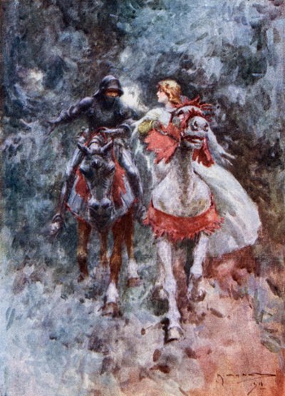El Caballero y el Lorelei (litografía en color) de Arthur C. (after) Michael