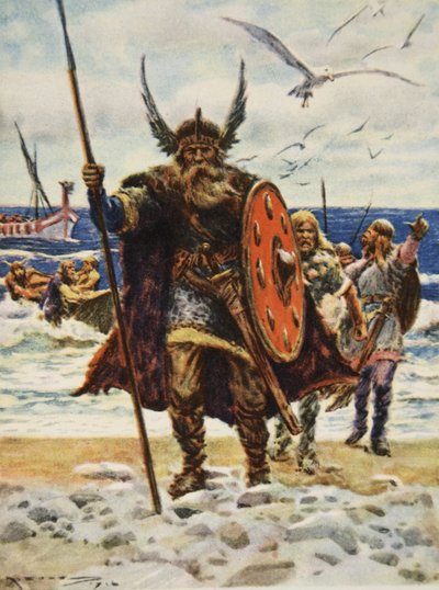 El desembarco de los vikingos, ilustración de "This Country of Ours, The Story of the United States" de H.E. Marshall de Arthur C. (after) Michael