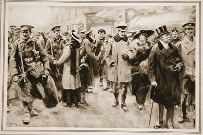 El fin de semana fuera del frente: Oficiales y hombres británicos con permiso corto de las trincheras llegando a Victoria, de 