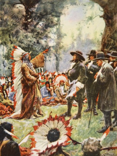 Tratado de William Penn con los indios, ilustración de "This Country of Ours, The Story of the United States" de H.E. Marshall de Arthur C. (after) Michael