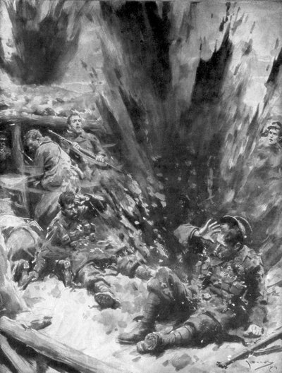 Un proyectil alemán explota en una trinchera británica, 1914, 1926 de Arthur C. Michael