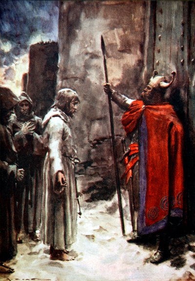 Enrique IV de Alemania fuera de las puertas de Canossa, Italia, 1077, 1913 de Arthur C Michael