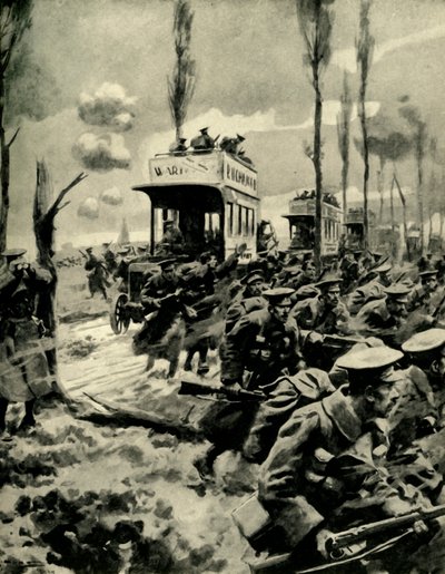 Autobuses de Londres utilizados para transportar tropas al frente, Primera Guerra Mundial, 1914-1918, c1920 de Arthur C. Michael