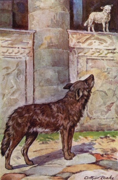 Fábulas de Esopo: El niño y el lobo (litografía en color) de Arthur Claude Cooke