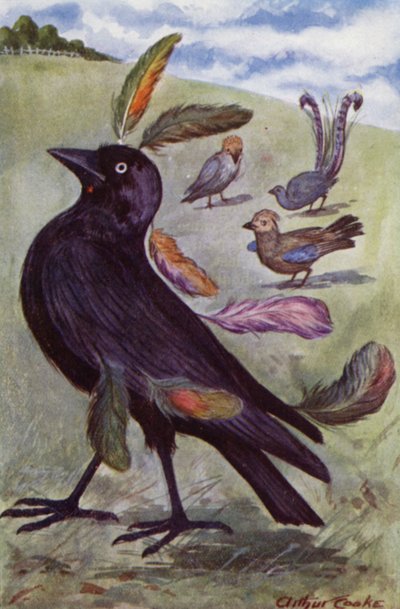 Fábulas de Esopo: El grajo vano (litografía en color) de Arthur Claude Cooke