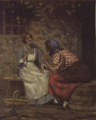 Escándalo, dos chicas cotilleando fuera de una casa de campo de Arthur Claude Cooke