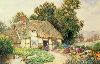Una cabaña junto a un estanque de patos de Arthur Claude Strachan
