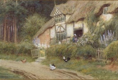 Una Joven y Pollos junto a una Cabaña de Arthur Claude Strachan