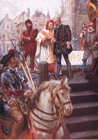 En el centro de la plaza se había erigido un cadalso, ilustración de Romance de la Historia: Los Países Bajos, años 1920 de Arthur David McCormick