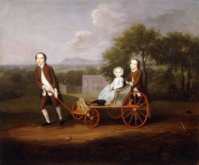 Retrato de grupo de tres de los hijos de Peter y Mary Du Cane, todos de cuerpo entero, jugando con un carro de perro elaborado, en los terrenos de una casa de campo de Arthur Devis