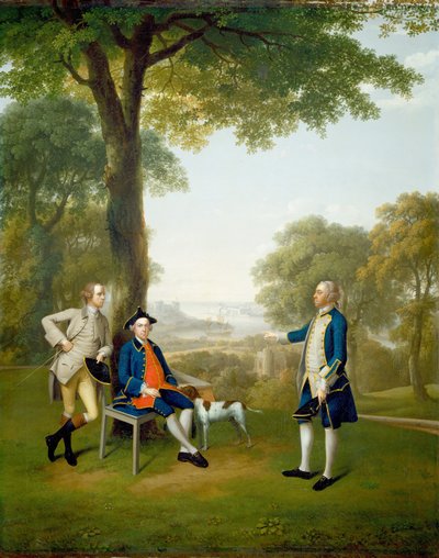 Arthur Holdsworth conversando con Thomas Taylor y el Capitán Stancombe junto al río Dart de Arthur Devis