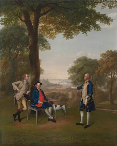 Arthur Holdsworth conversando con Thomas Taylor y el Capitán Stancombe junto al río Dart de Arthur Devis