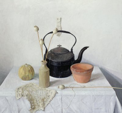 Tetera, cabezas de amapola y calabaza, naturaleza muerta, 1990 de Arthur Easton