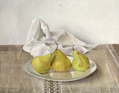 Tres peras en un plato, naturaleza muerta, 1990 de Arthur Easton