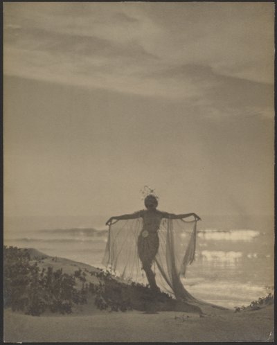 [Vista trasera de una bailarina con un traje transparente en la playa] de Arthur F. Kales
