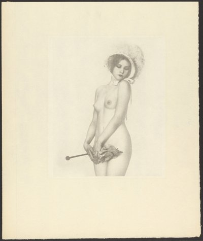 [Mujer desnuda con gorro y sombrilla en la mano] de Arthur F. Kales