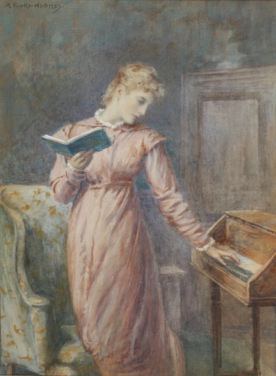 Una dama leyendo mientras toca el espineta de Arthur Foord Hughes