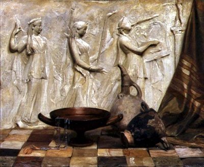 Un Skyphos, una Kylix, una Jarra de Vino y un Collar Egipcio por un friso griego de Arthur Hacker
