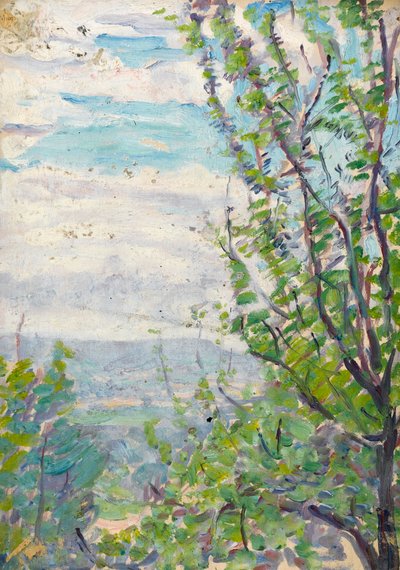 Cielo Azul y Nubes con Ramas de Árboles Frutales en Primer Plano de Arthur Haythorne Studd