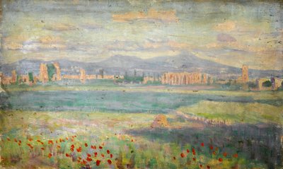 Paisaje mediterráneo con amapolas en primer plano y ciudad amurallada al fondo de Arthur Haythorne Studd