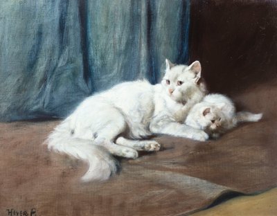 Una Gata Persa Blanca con sus Gatitos de Arthur Heyer