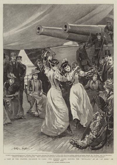 Una visita del Escuadrón del Canal a Cádiz, dos damas españolas bailando la Sevillana en un evento a bordo del barco de Arthur Hopkins