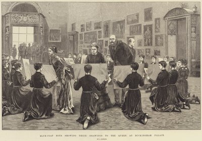 Niños de Blue-Coat mostrando sus dibujos a la Reina en el Palacio de Buckingham de Arthur Hopkins