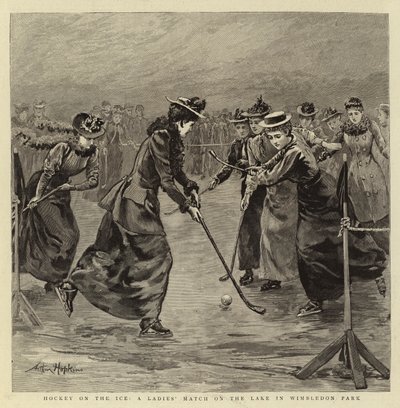 Hockey sobre hielo, un partido de damas en el lago en Wimbledon Park de Arthur Hopkins