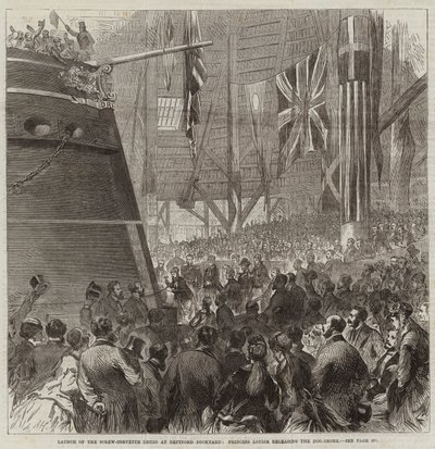 Lanzamiento de la corbeta de tornillo Druid en el astillero de Deptford, la Princesa Louise liberando el Dog-Shore de Arthur Hopkins