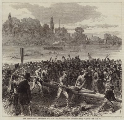 La carrera de botes universitarios internacional, el equipo de Harvard regresando de la práctica de Arthur Hopkins