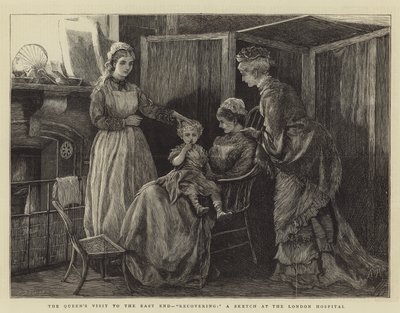 La visita de la reina al East End, recuperándose, un boceto en el Hospital de Londres de Arthur Hopkins