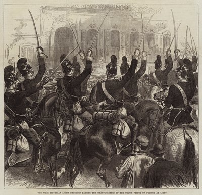 La guerra, Dragones Ligeros Bávaros pasando por el Cuartel General del Príncipe Heredero de Prusia en Ligny de Arthur Hopkins
