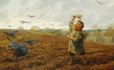 El espantapájaros; "Palomas y cuervos, cuiden sus dedos", 1884 de Arthur Hughes