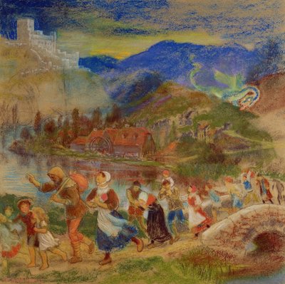 Aldeanos huyendo de un dragón de Arthur Hughes