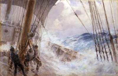 Maniobras para arriar la vela del palo mayor en la tormenta. Óleo sobre lienzo de Arthur John Briscoe