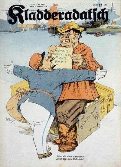 Caricatura alemana sobre los acuerdos franco-soviéticos (aduanero francés y marinero ruso:" ¿Tiene algo que declarar No. Sólo armas!" (Contexto de la guerra de España), "Kladderadatsch" 8/11/1936, ill. by Arthur Johnson (1874-1954). de Arthur Johnson