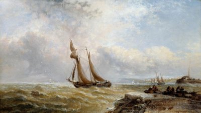 Barco costero saliendo del puerto, clima tormentoso de Arthur Joseph Meadows