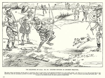 El comienzo del golf, los golfistas perturban una práctica de tiro con arco (litografía) de Arthur Moreland