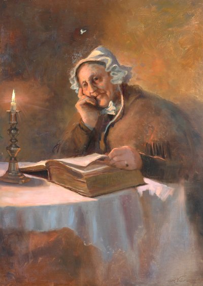 Retrato de una anciana leyendo la Biblia a la luz de las velas, 1896 de Arthur Netherwood
