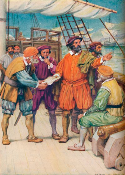 Magallanes consulta con sus navegantes, c1925 de Arthur Percy Dixon