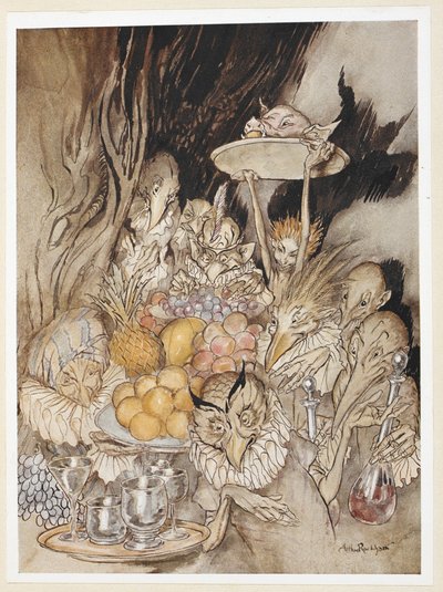 ACTO III: Escena III, línea 19
Entran varias Formas extrañas, trayendo un banquete...
invitando a comer al Rey, etc. de Arthur Rackham
